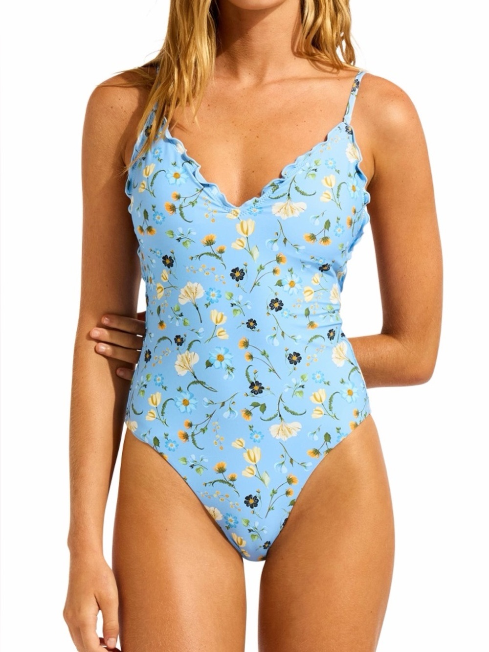 SeaFolly Australia Lettuce Edge One-Piece Swimsuit in Powder Blue Floral Pattern